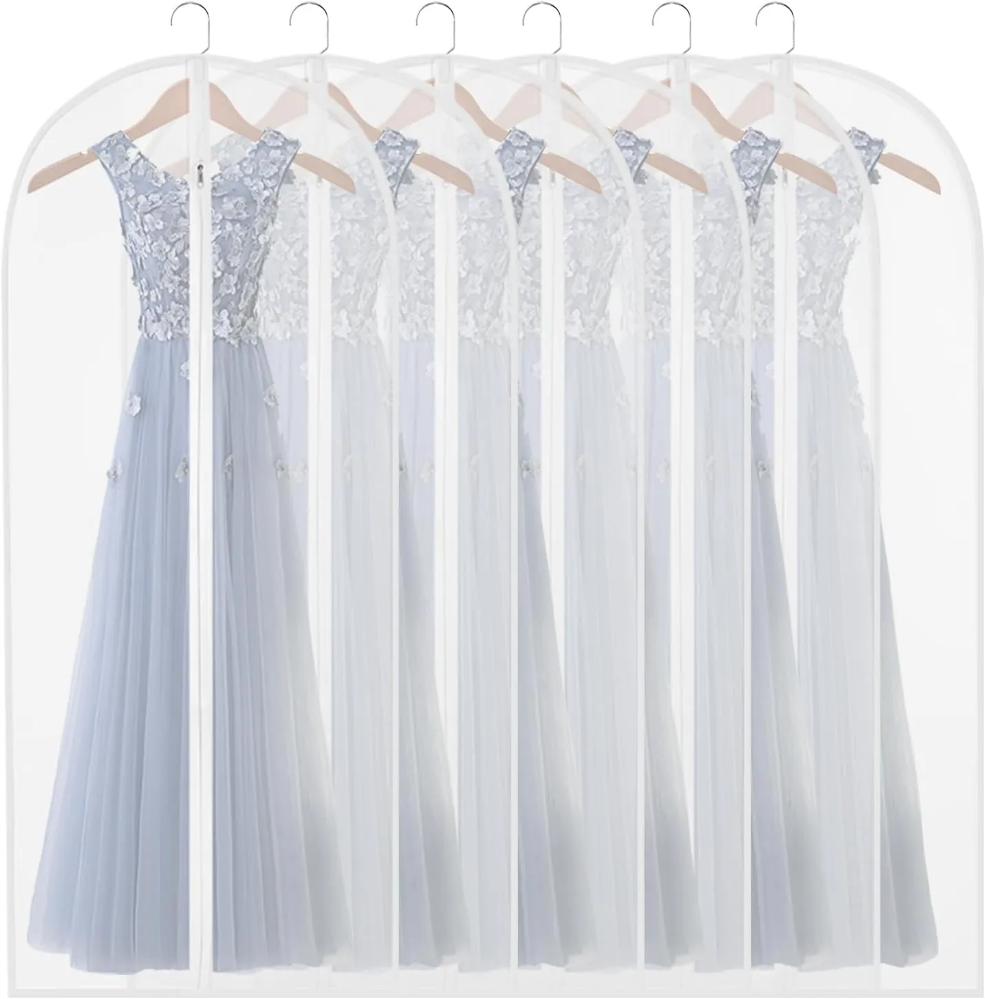 Garment Bags for Long Dresses,60in Clear Hanging Lightweight White Breathable Dust Proof Covers with Study Full Zipper for Clothes Storage Closet Pack of 6