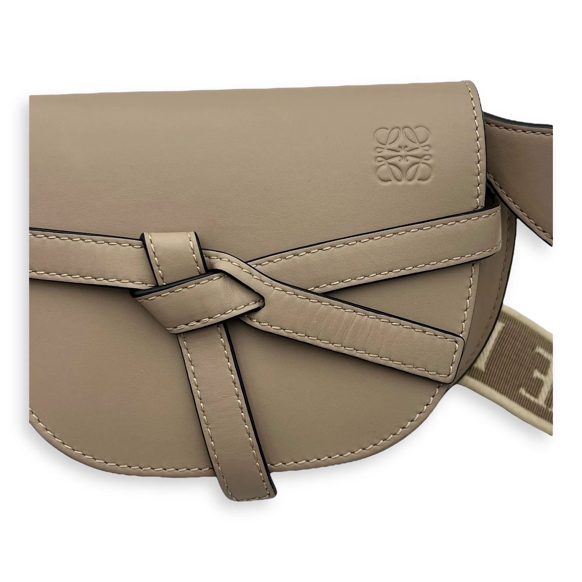 Gate Dual Mini Beige Crossbody Bag in Calfskin, Gold hardware