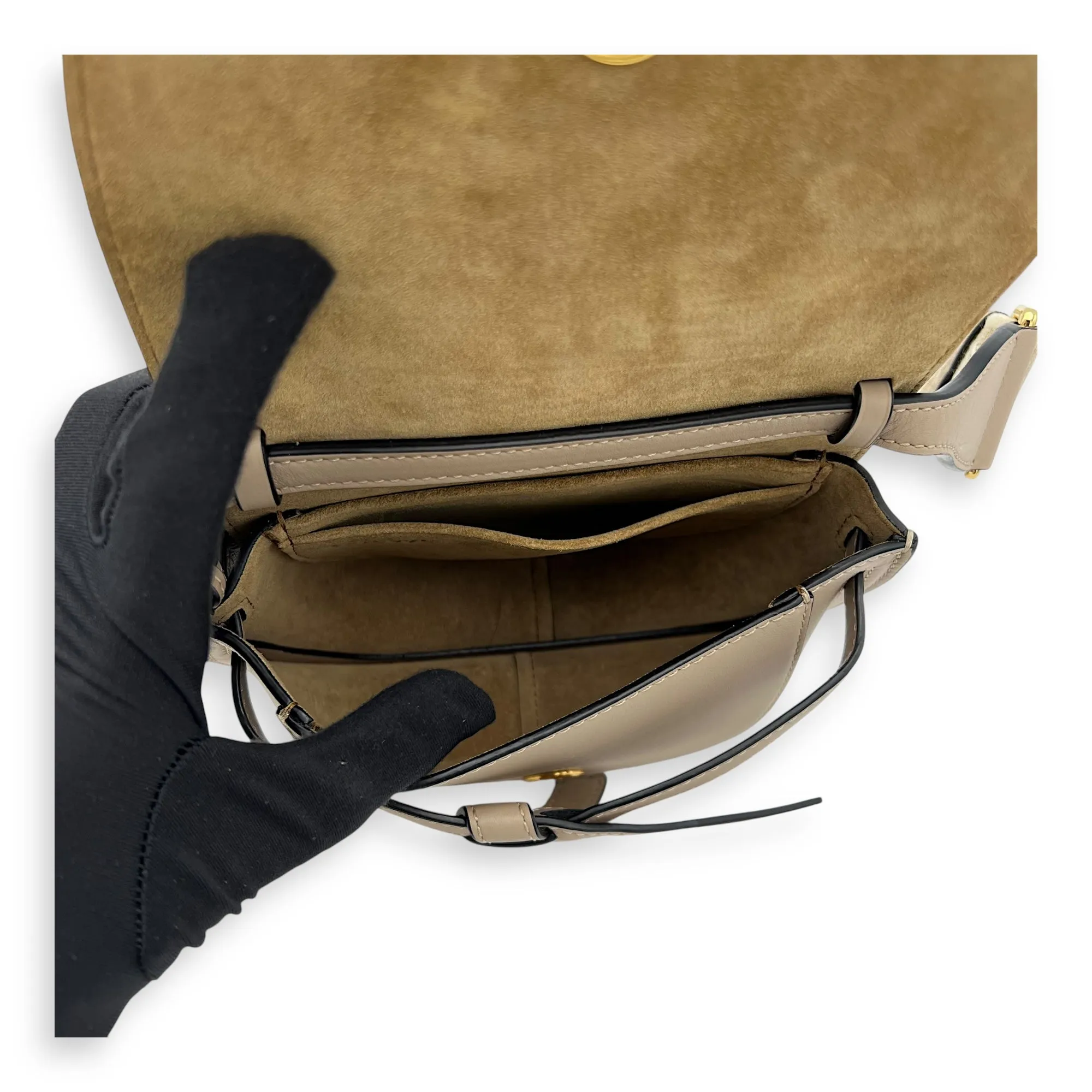 Gate Dual Mini Beige Crossbody Bag in Calfskin, Gold hardware