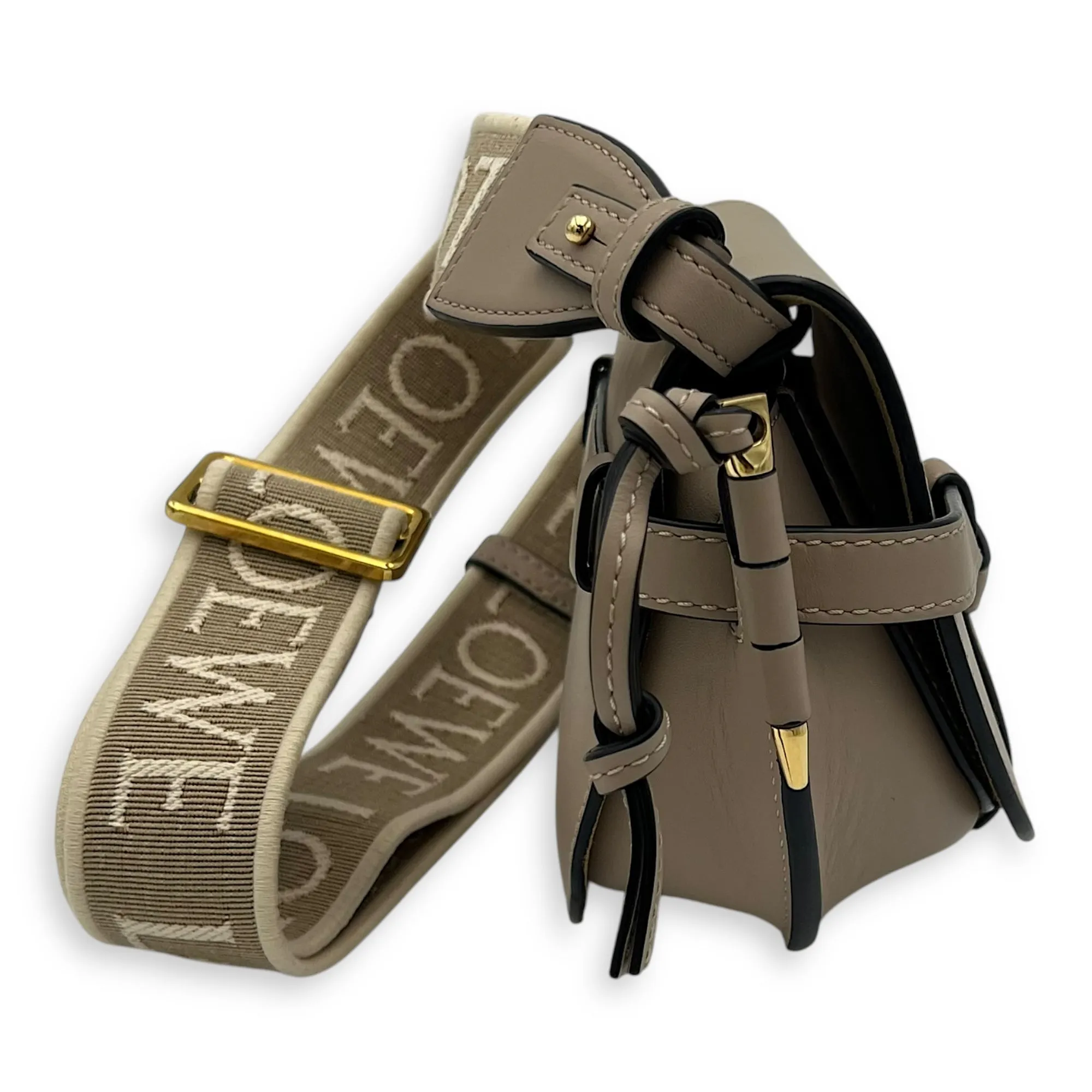 Gate Dual Mini Beige Crossbody Bag in Calfskin, Gold hardware