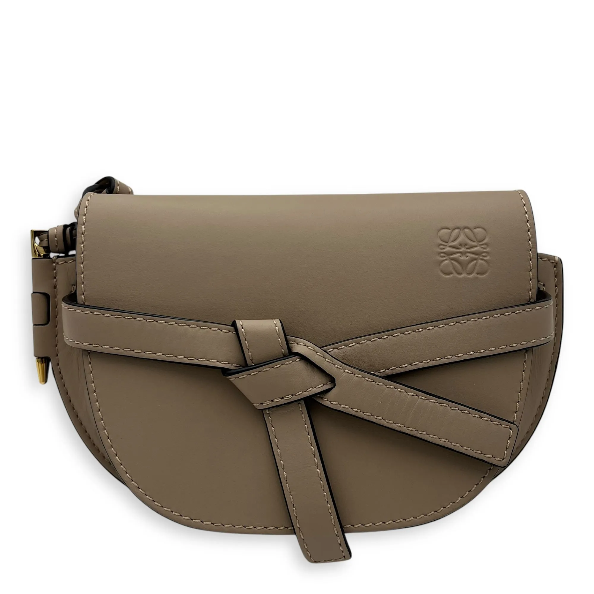 Gate Dual Mini Beige Crossbody Bag in Calfskin, Gold hardware