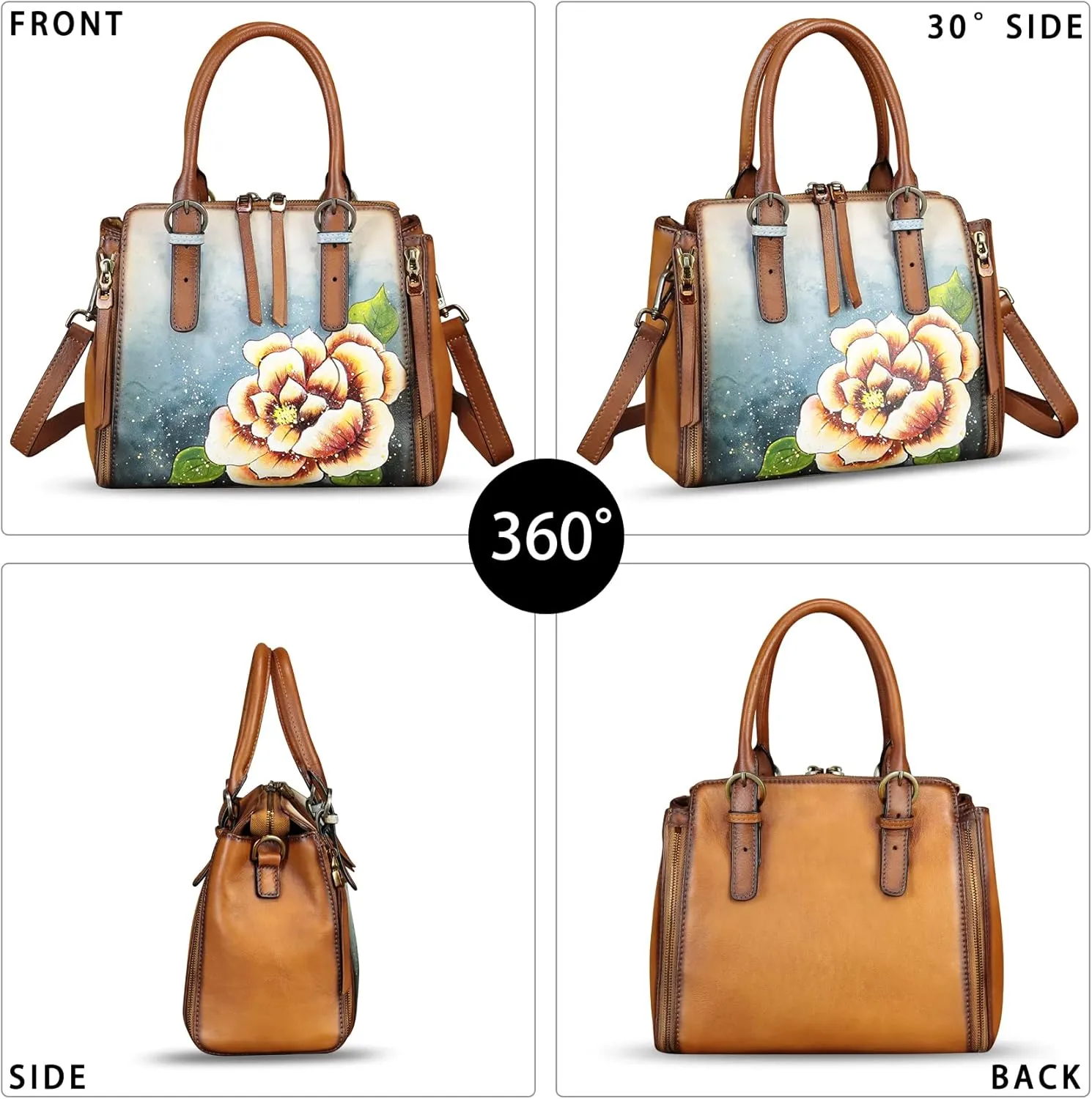 Genuine Leather Handbag for Women Hand Painted Leather Top Handle Purse Handmade Crossbody Satchel Tote Bag