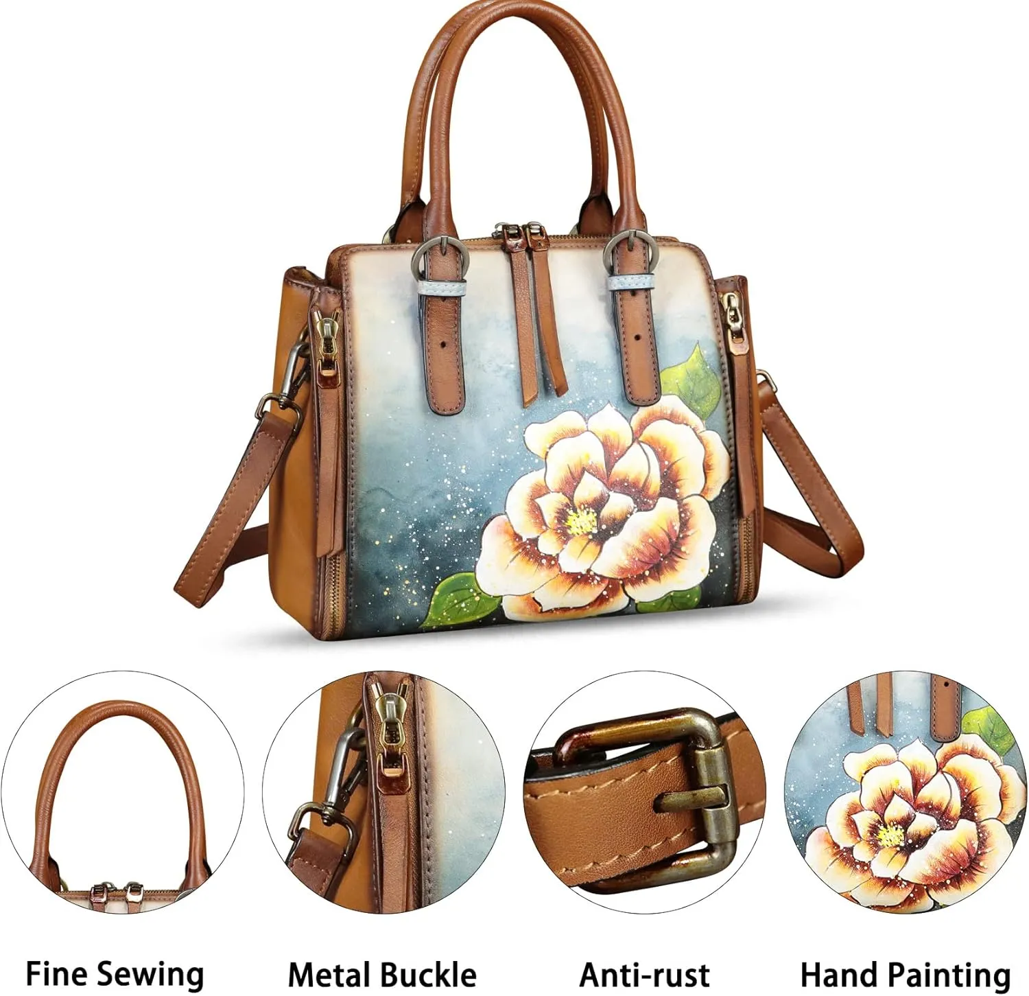 Genuine Leather Handbag for Women Hand Painted Leather Top Handle Purse Handmade Crossbody Satchel Tote Bag