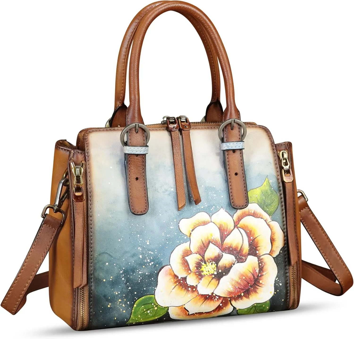 Genuine Leather Handbag for Women Hand Painted Leather Top Handle Purse Handmade Crossbody Satchel Tote Bag