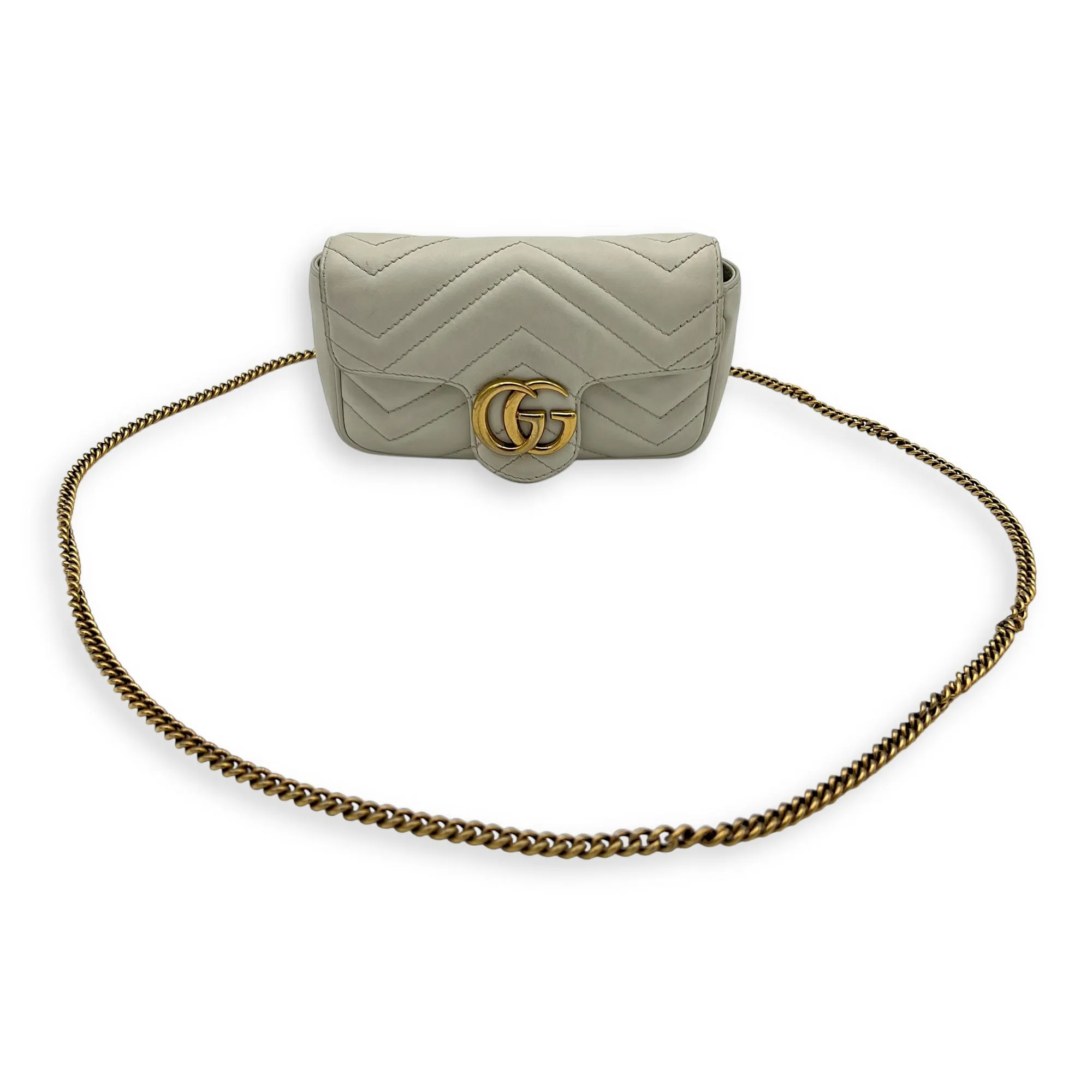 GG Marmont Super Mini White Crossbody Bag in Calfskin, Gold hardware
