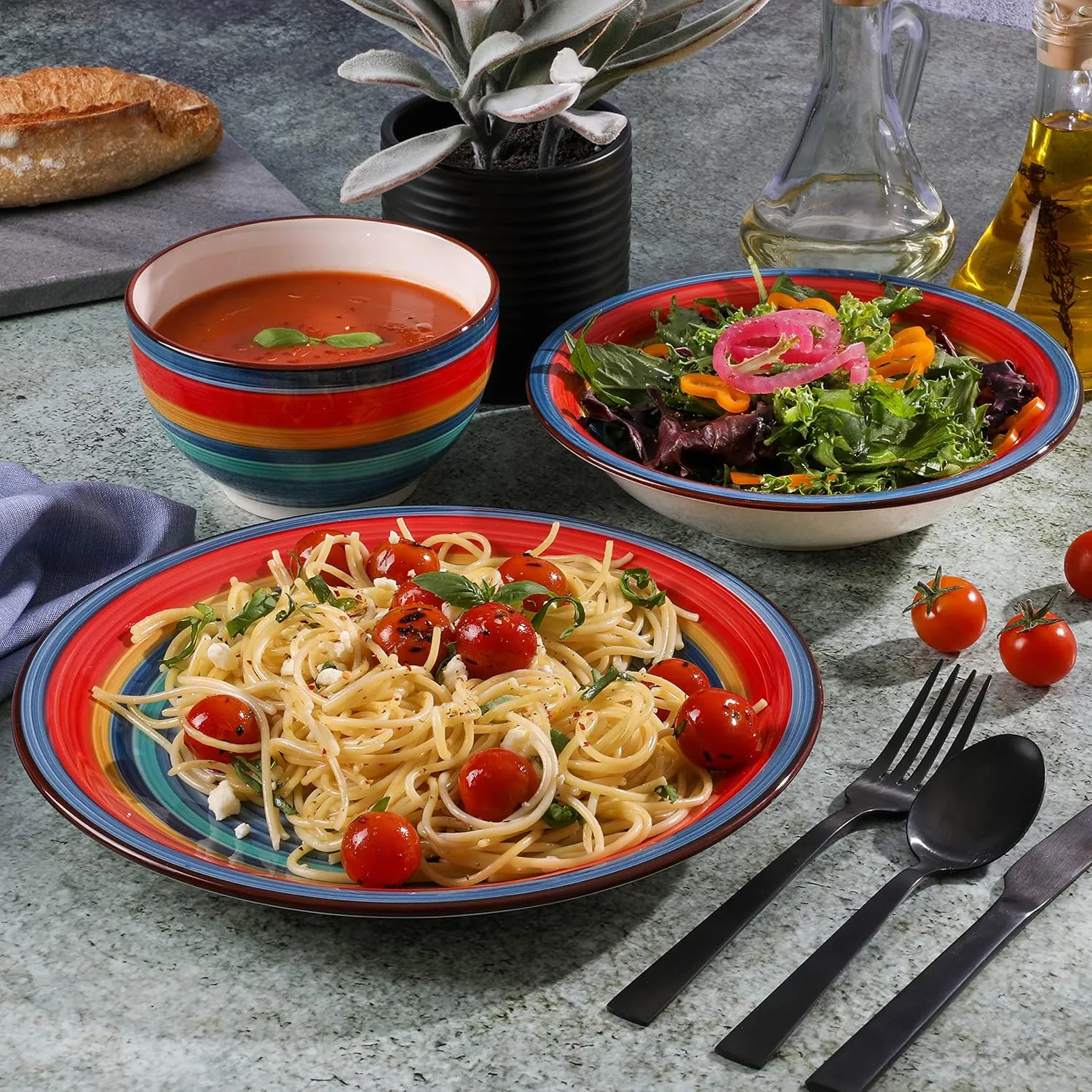 Gibson Home Rainbow Hand-Painted Stoneware Dinnerware Set - Blue, Service for 4 (12pcs)
