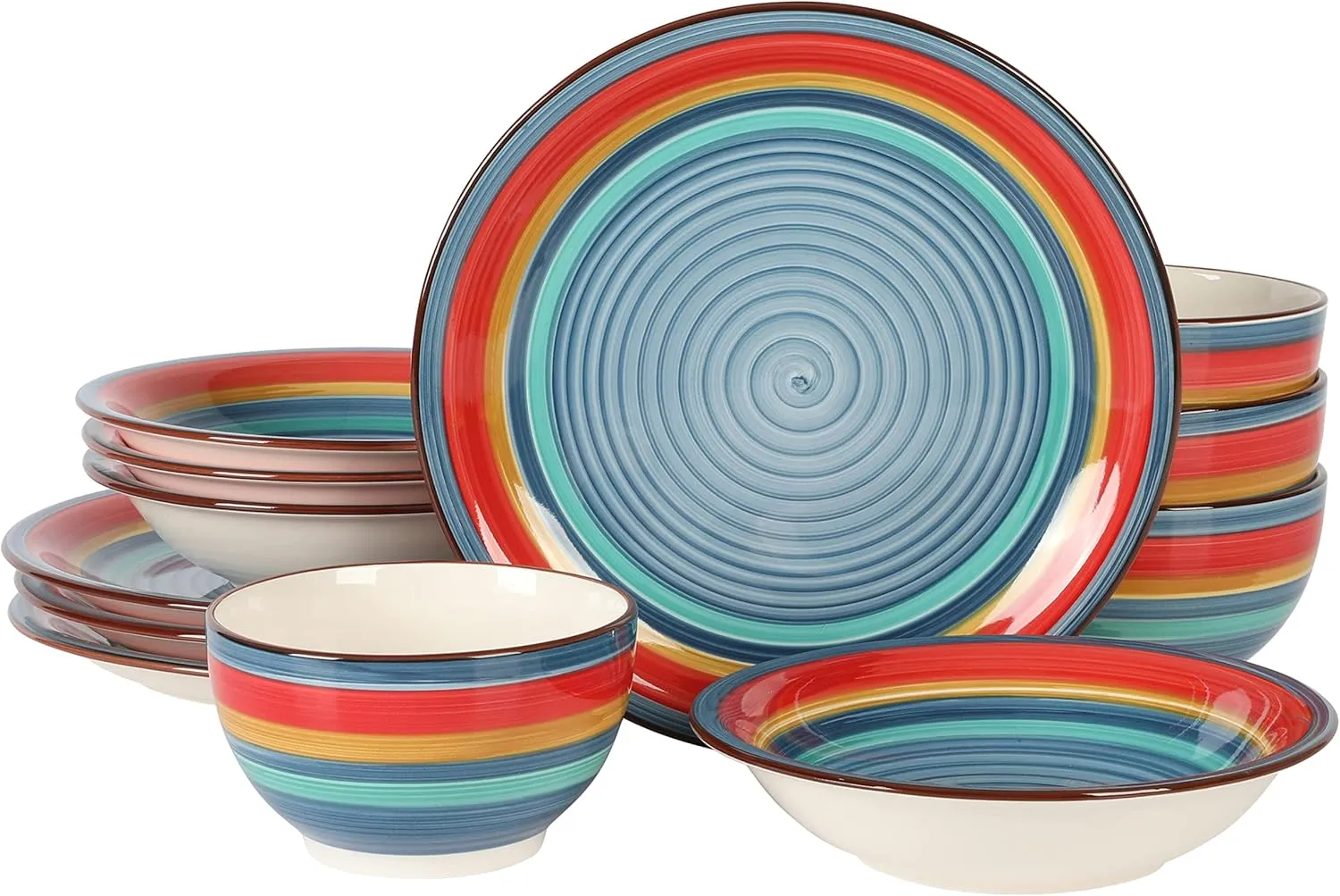 Gibson Home Rainbow Hand-Painted Stoneware Dinnerware Set - Blue, Service for 4 (12pcs)