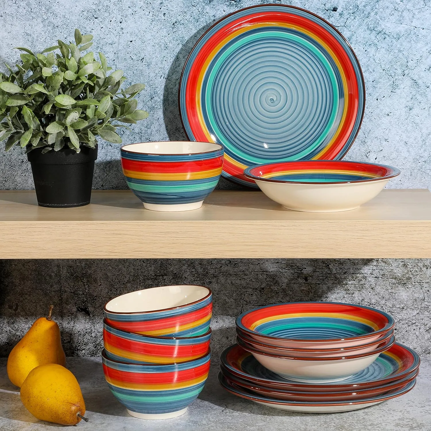Gibson Home Rainbow Hand-Painted Stoneware Dinnerware Set - Blue, Service for 4 (12pcs)