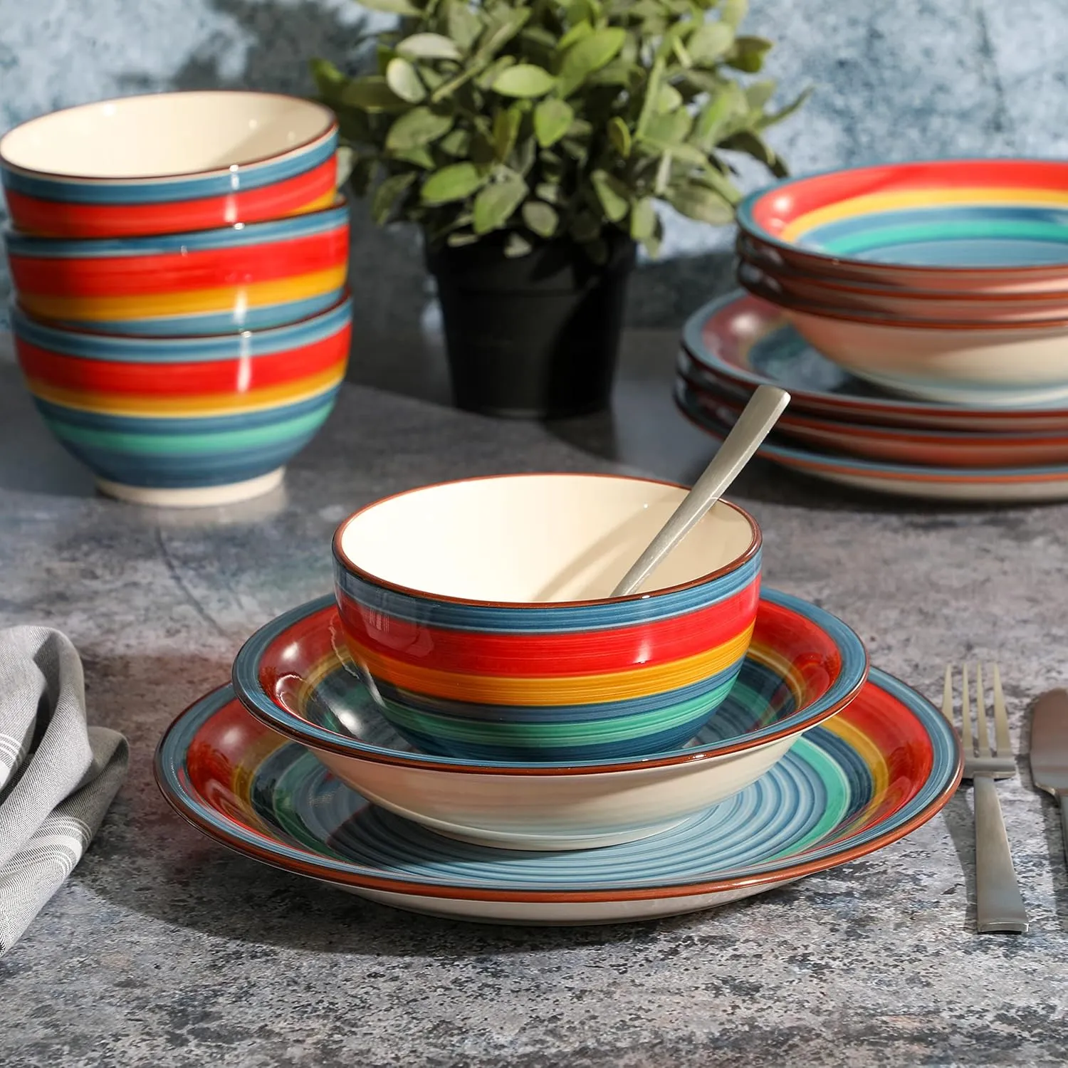 Gibson Home Rainbow Hand-Painted Stoneware Dinnerware Set - Blue, Service for 4 (12pcs)
