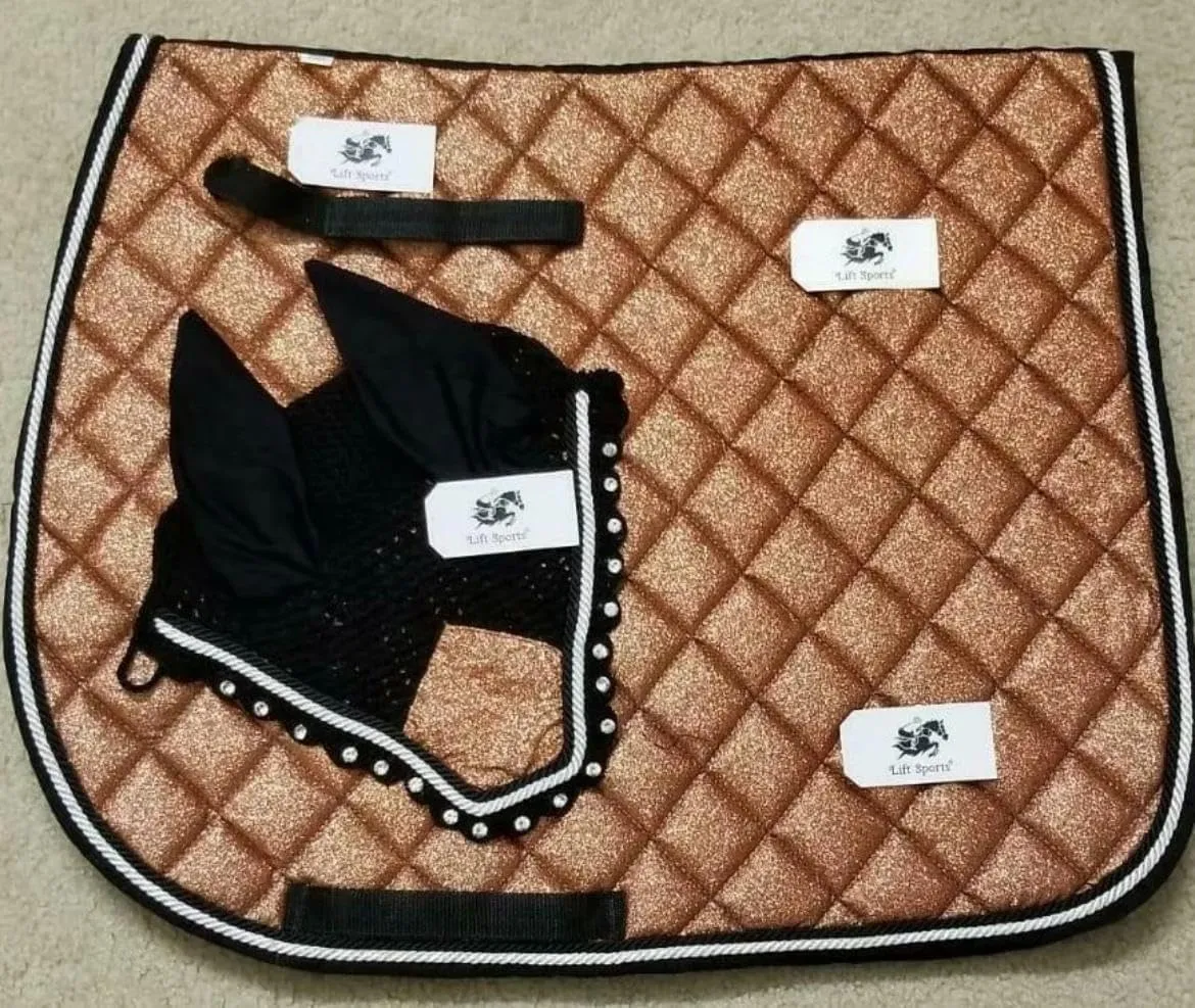 Glittery Sparky Horse English Saddle Pad Matching Ear Bonnet Equestrian