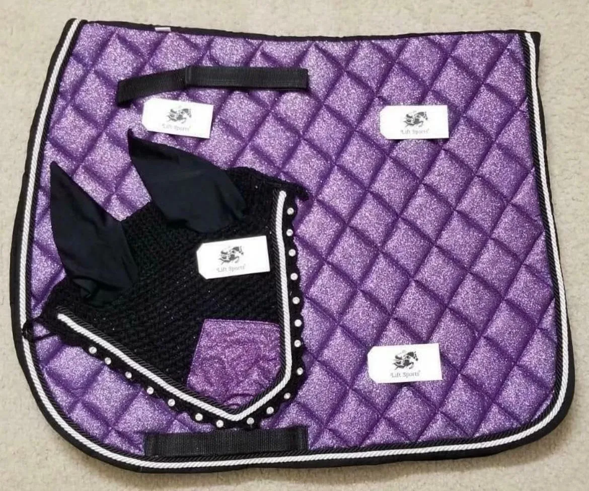 Glittery Sparky Horse English Saddle Pad Matching Ear Bonnet Equestrian