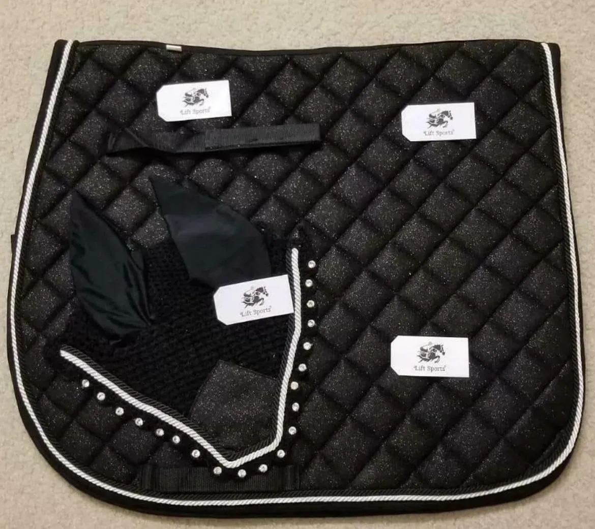 Glittery Sparky Horse English Saddle Pad Matching Ear Bonnet Equestrian