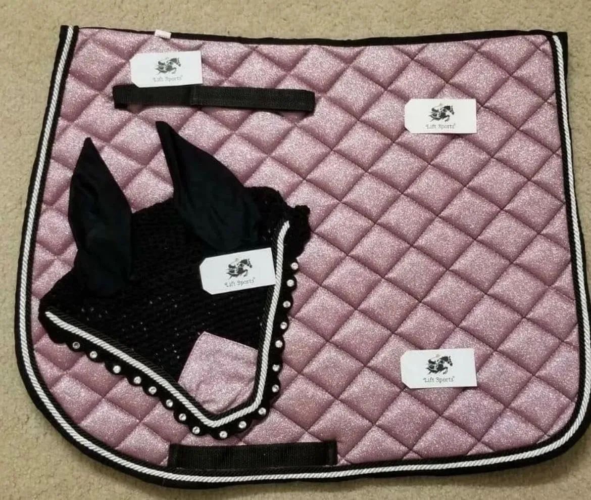 Glittery Sparky Horse English Saddle Pad Matching Ear Bonnet Equestrian