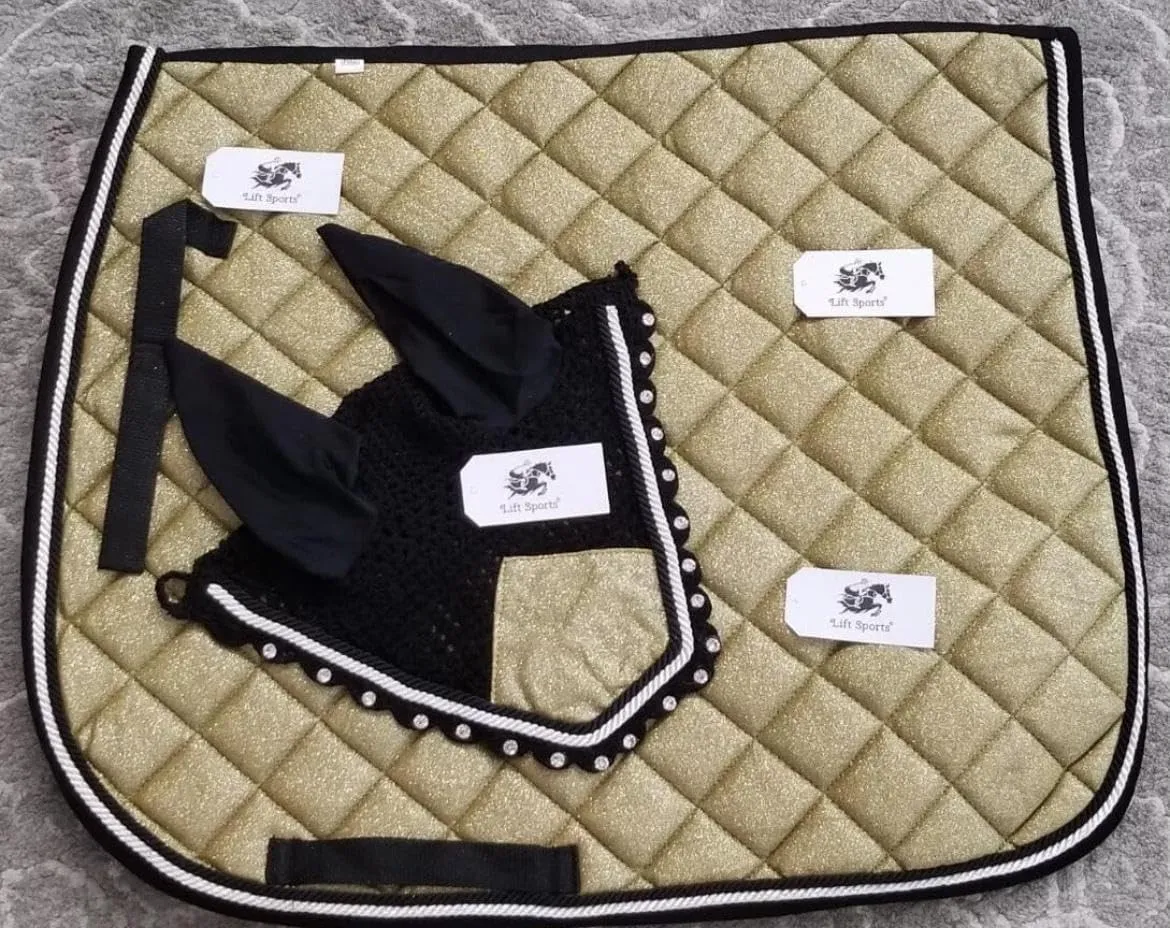 Glittery Sparky Horse English Saddle Pad Matching Ear Bonnet Equestrian