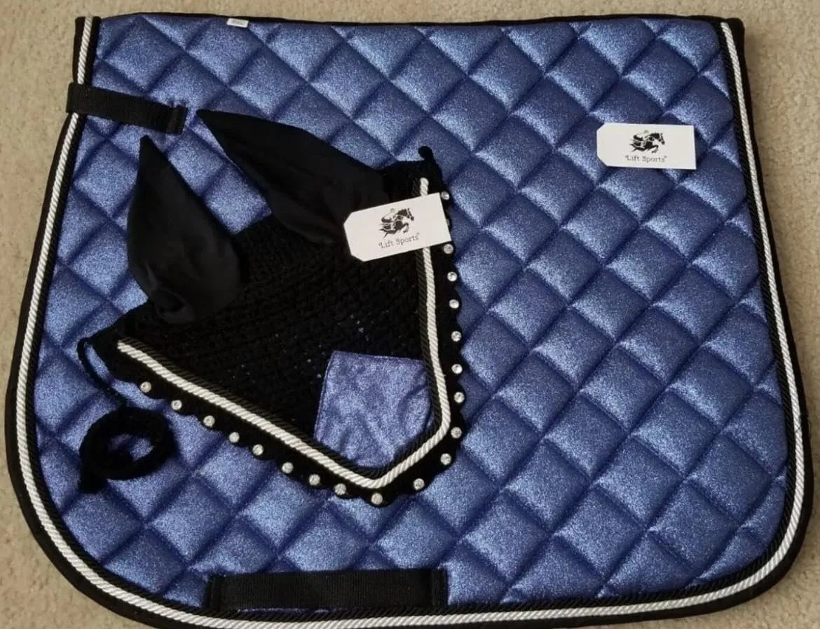Glittery Sparky Horse English Saddle Pad Matching Ear Bonnet Equestrian