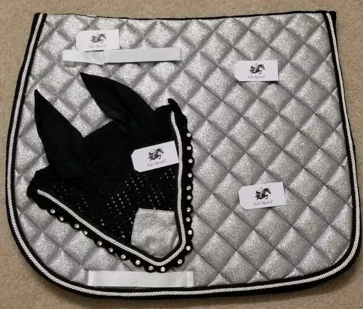 Glittery Sparky Horse English Saddle Pad Matching Ear Bonnet Equestrian