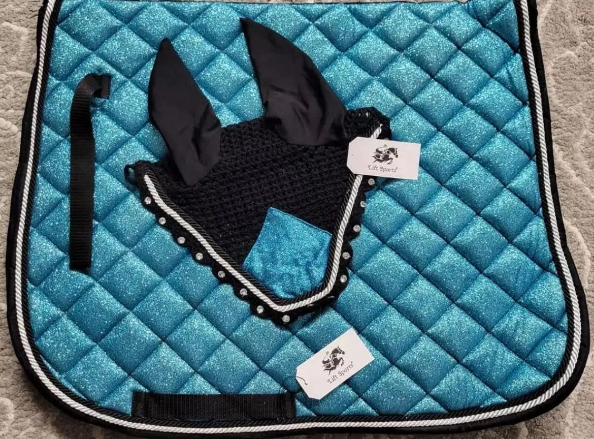 Glittery Sparky Horse English Saddle Pad Matching Ear Bonnet Equestrian