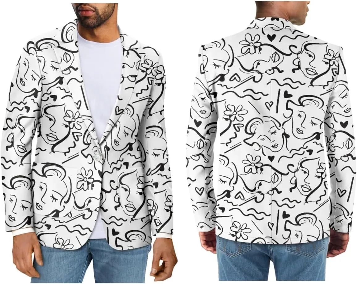GLUDEAR Men's Suit Blazer Jackets Black White Paint Graffiti Print Slim Fit One Button Coats Blazers Plus Size S-5XL