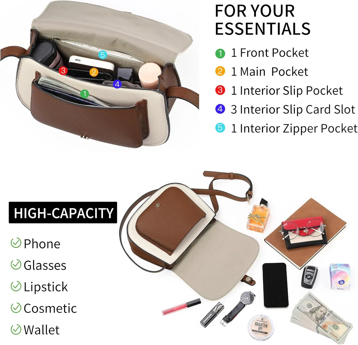 GOIACII Crossbody Bag for Women Saddle Shoulder Purse Ladies Boho Cross Body Handbag Vegan Leather