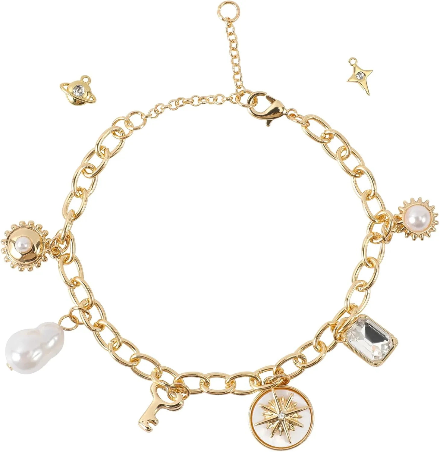 Gold Charm Bracelets for Women Non Tarnish, Gold Stainless Steel Small Charm Chain Link Bracelet Kit, Gold Dangle Bracelets Chunky Bracelet Ocean Jewelry Women's Link Bracelets Y2K for Valentine's Day