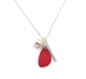 Gorgeous Sunset Love Red Sea Glass and Sterling Silver Charm Necklace With Genuine Crystal Pearl Charm and Solid Sterling Silver Bar Charm, Original Handmade by Aimee Tresor Jewelry