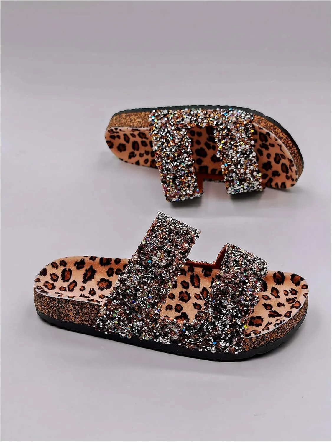 GORGLITTER Women's Leopard Y2k Pearls Glitter Embellished Slippers Open Toe Double Band Flat Sandals