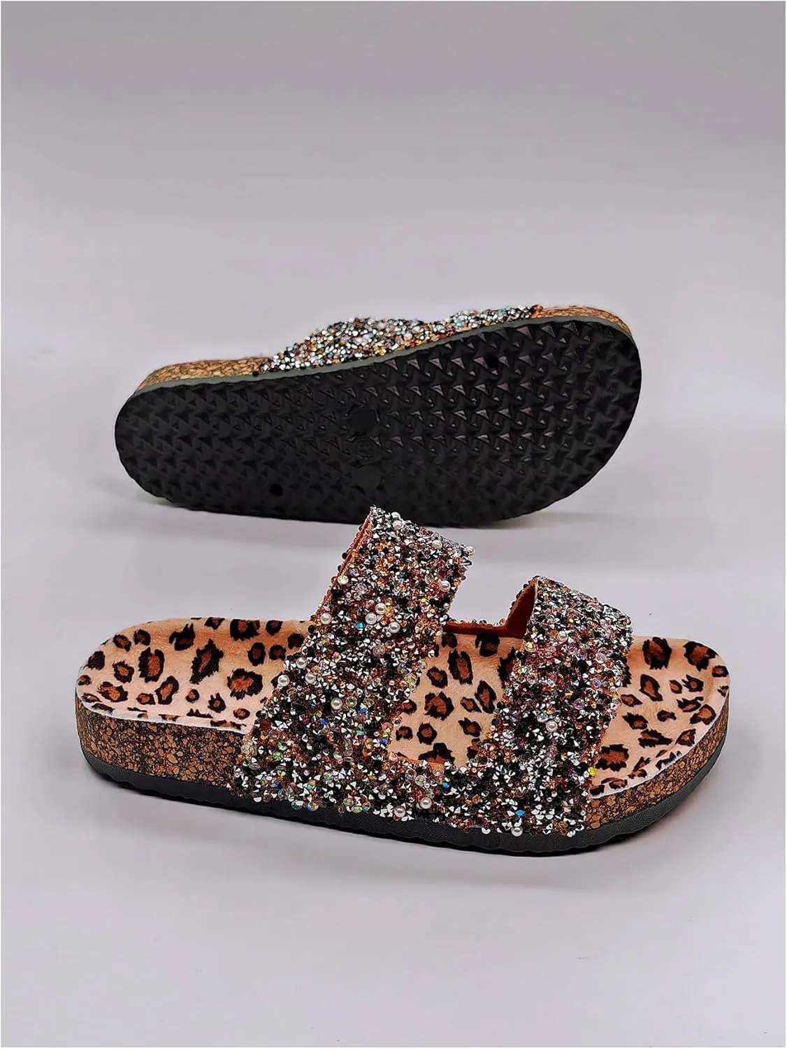 GORGLITTER Women's Leopard Y2k Pearls Glitter Embellished Slippers Open Toe Double Band Flat Sandals