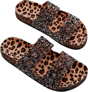 GORGLITTER Women's Leopard Y2k Pearls Glitter Embellished Slippers Open Toe Double Band Flat Sandals