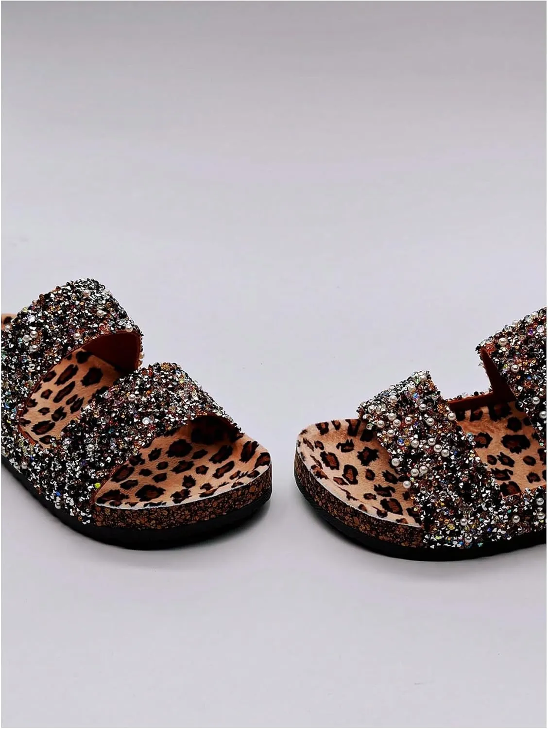 GORGLITTER Women's Leopard Y2k Pearls Glitter Embellished Slippers Open Toe Double Band Flat Sandals