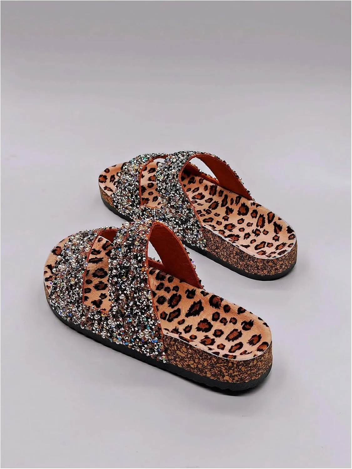 GORGLITTER Women's Leopard Y2k Pearls Glitter Embellished Slippers Open Toe Double Band Flat Sandals