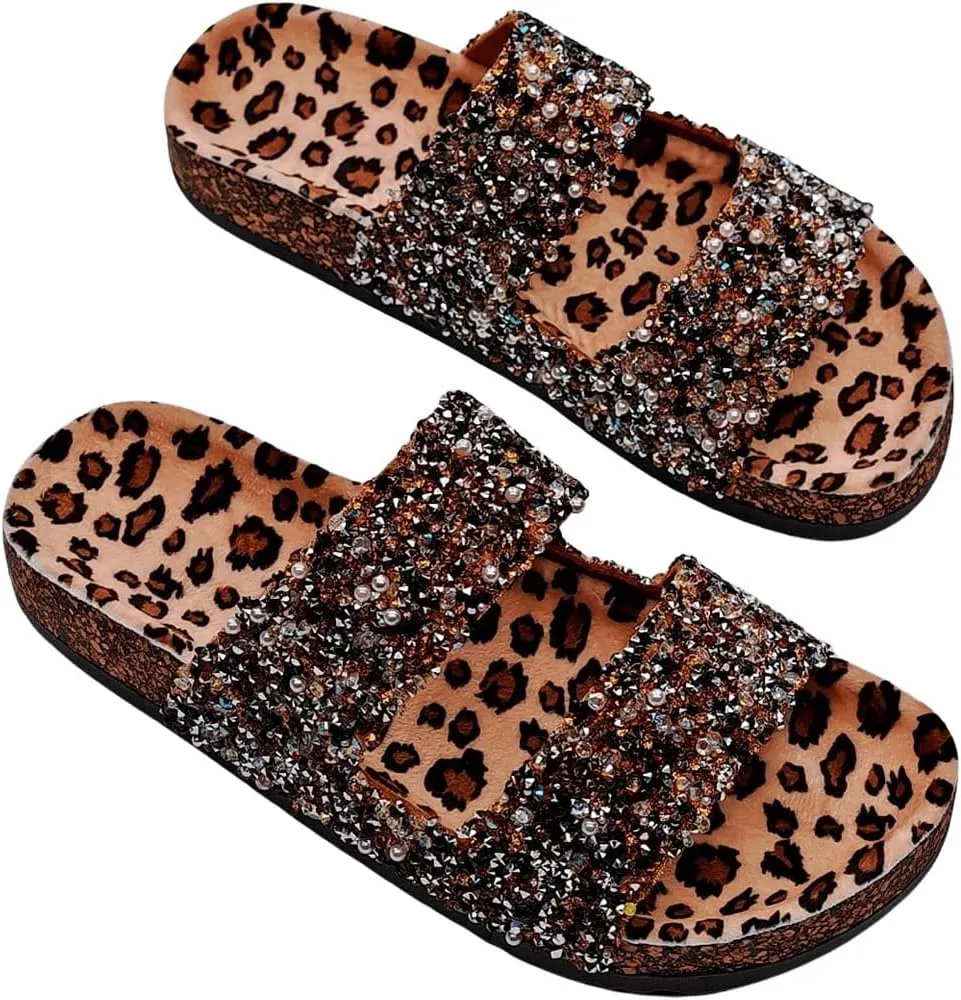 GORGLITTER Women's Leopard Y2k Pearls Glitter Embellished Slippers Open Toe Double Band Flat Sandals