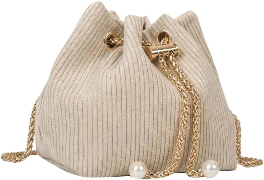 GORGLITTER Women's Pearl Decor Drawstring Crossbody Bag Chain Mini Bucket Handbags