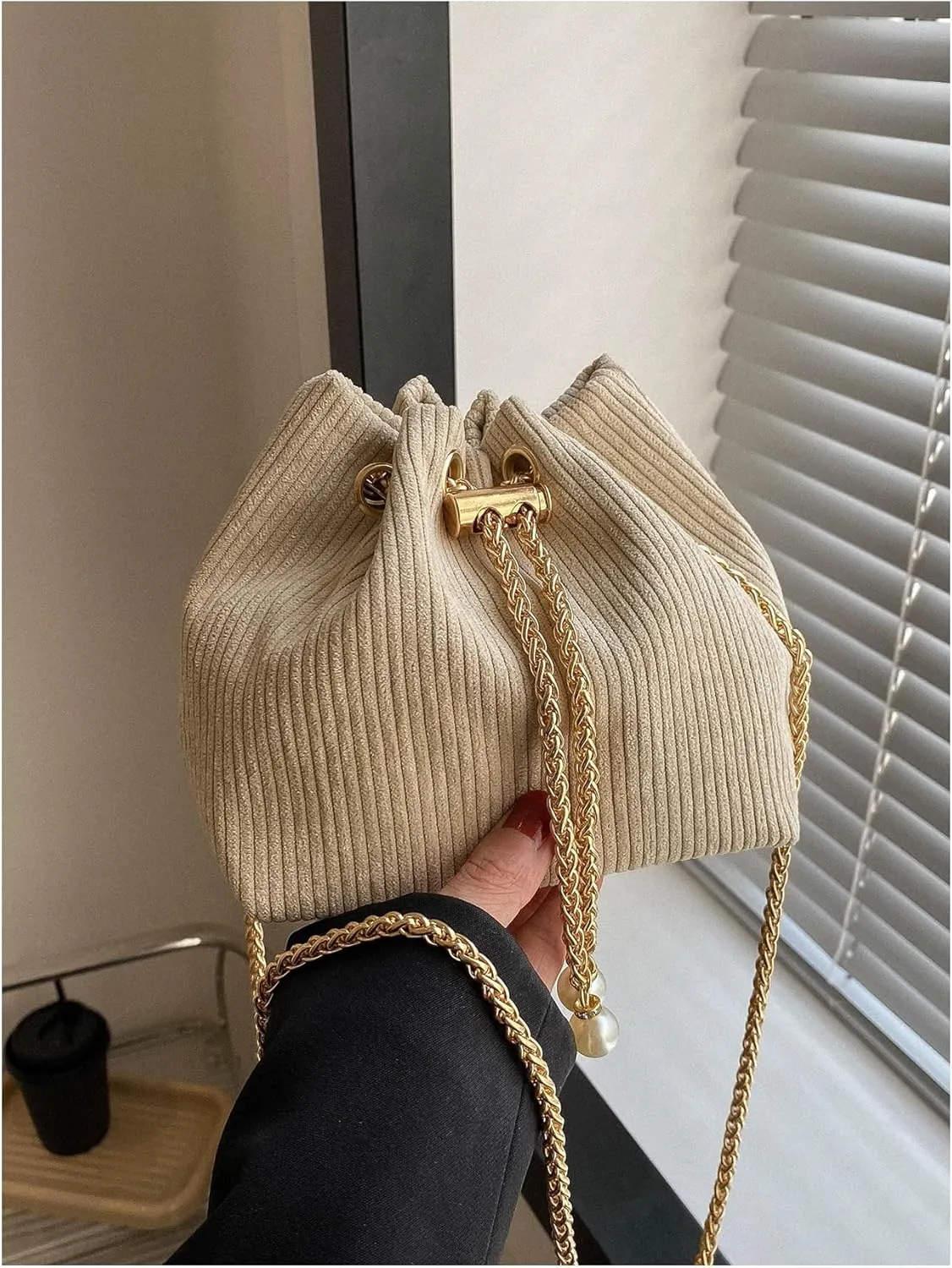 GORGLITTER Women's Pearl Decor Drawstring Crossbody Bag Chain Mini Bucket Handbags