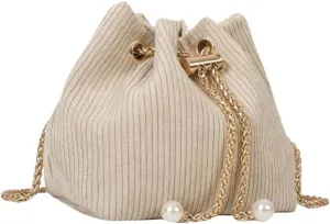 GORGLITTER Women's Pearl Decor Drawstring Crossbody Bag Chain Mini Bucket Handbags