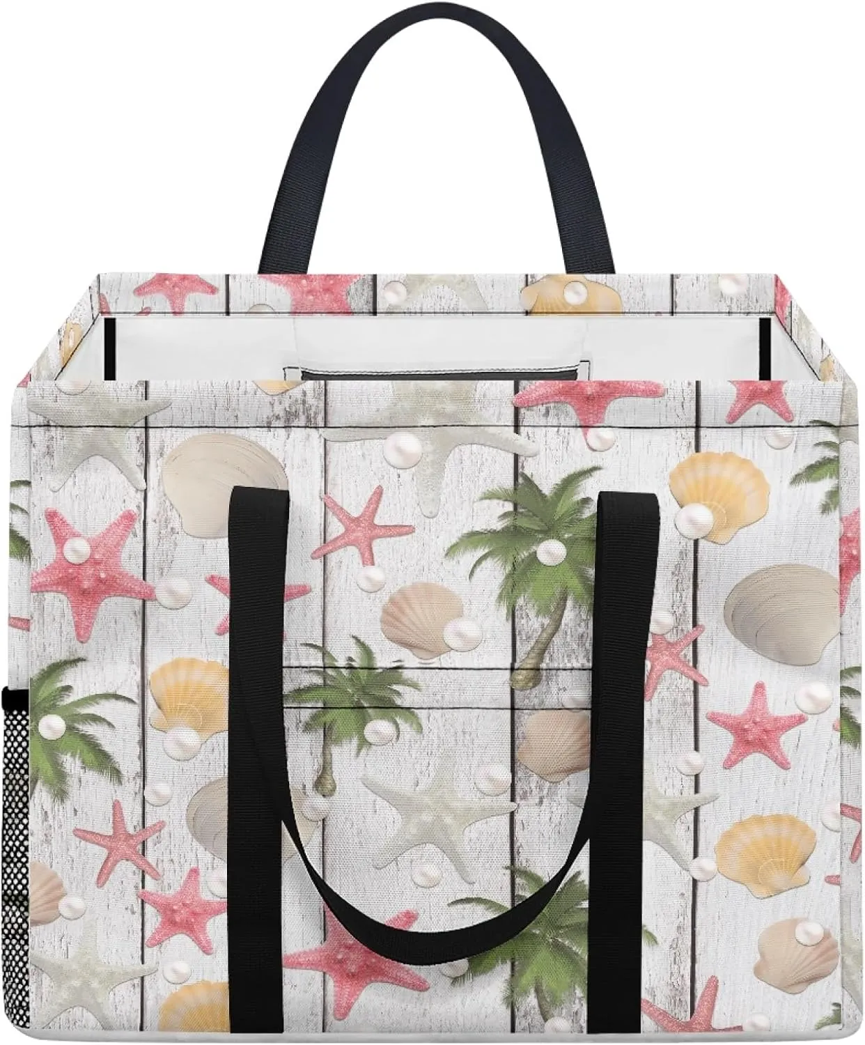 GOSTONG Beach Wooden Starfish Seashell Stand Up Utility Tote Bag 13x15 Inch Large Capacity Foldable Shopping Tote Purse with Long Handles and One Mesh Pocket for Grocery Stores