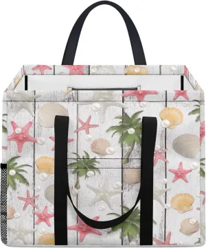 GOSTONG Beach Wooden Starfish Seashell Stand Up Utility Tote Bag 13x15 Inch Large Capacity Foldable Shopping Tote Purse with Long Handles and One Mesh Pocket for Grocery Stores