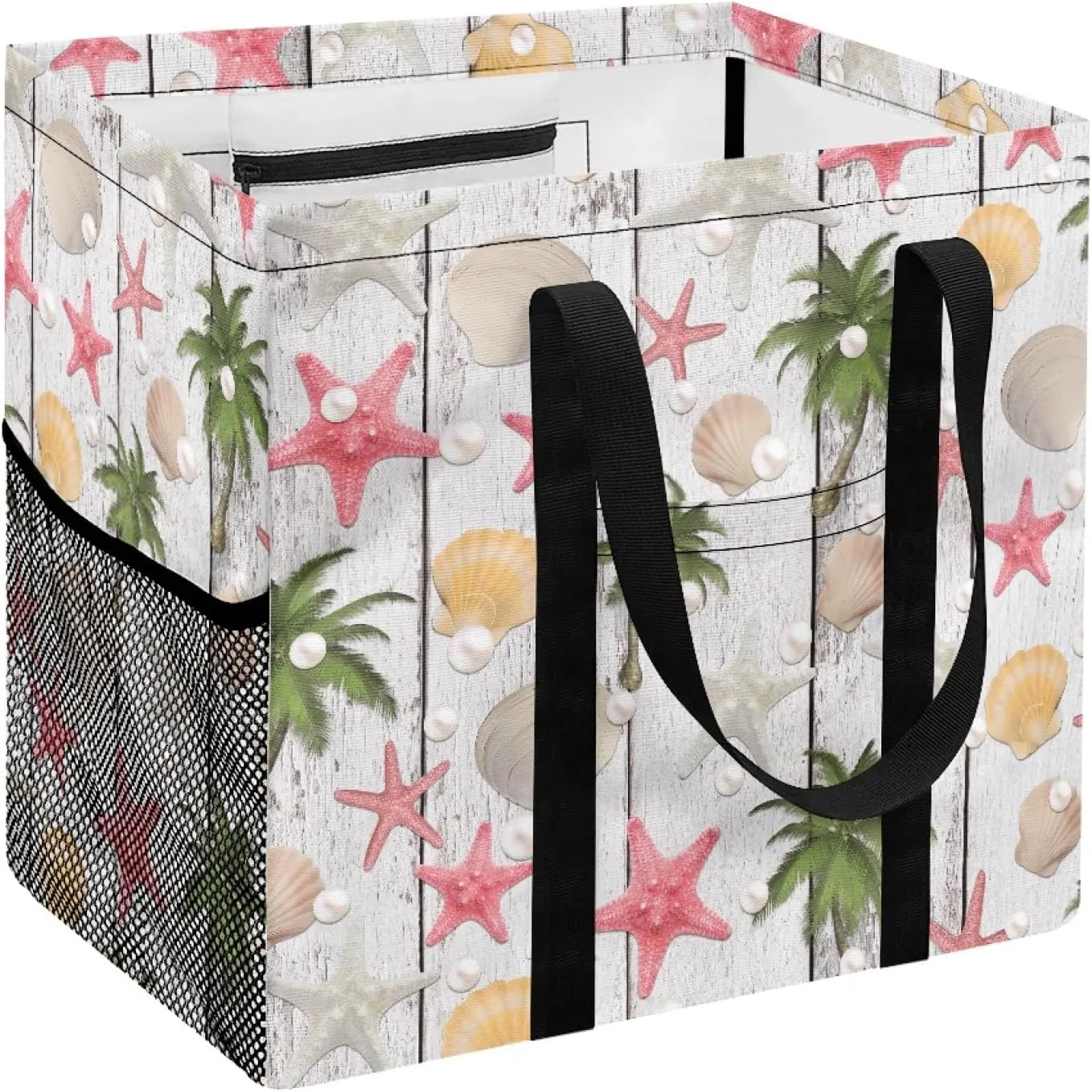 GOSTONG Beach Wooden Starfish Seashell Stand Up Utility Tote Bag 13x15 Inch Large Capacity Foldable Shopping Tote Purse with Long Handles and One Mesh Pocket for Grocery Stores