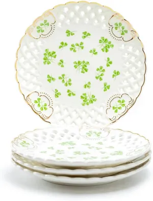 Grace Teaware Set of Four 7.5"" Shamrock Fine Porcelain Dessert Salad Plates with Pierced Design