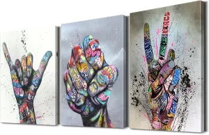 Graffiti Canvas Wall Art Set of 3 Panels - 12"x16" Modern Street Art Posters with Wooden Frame, Vibrant Colorful Pop Art Wall Decor for Living Room & Bedroom, Urban Graffiti Poster Trio Wall Decor