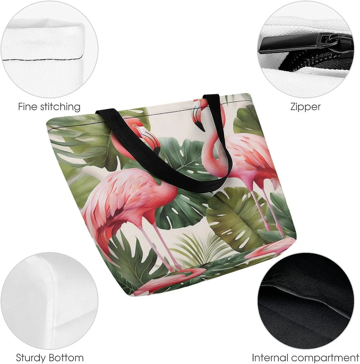 Grocery Bag Reusable Tote Bag Foldable Flamingo Palm Trees Leaf Shopping Bag Handbag Washable Shoulder Bag for Travel
