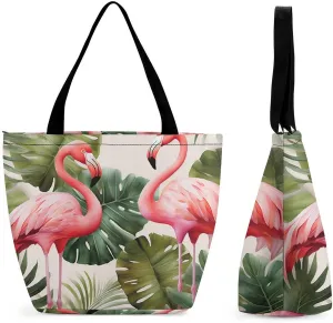 Grocery Bag Reusable Tote Bag Foldable Flamingo Palm Trees Leaf Shopping Bag Handbag Washable Shoulder Bag for Travel