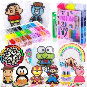 H&W 24 Colors 5mm Fuse Bead Set for Kids, Add 4200 Crafting Melting Beads, Color Number & Supply Refill Bag, 2 Tweezers, 2 Big Peg Boards, 5 Ironing Paper, Parts