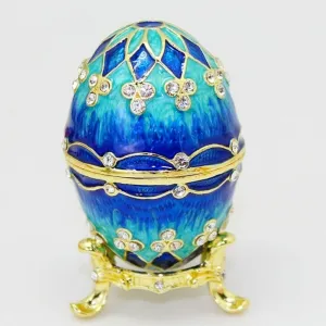 Hand Painted Egg Trinket Box, Decorative Hinged Egg Jewelry Box, Easter Egg Trinket Box, Classic Holiday Ornaments Home Decor or Gift Ideas (Blue)