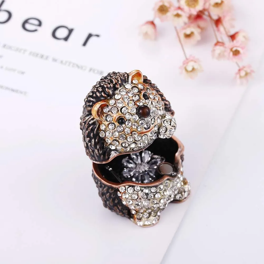 Hand Painted Enamel Hedgehog Trinket Box, Hinged Jewelry Box Unique Mini Ring Necklace Jewelry Organizer, Classical Bejeweled Storage, Figurine Collectible Keepsake Home Decor (Couple Hedgehog)
