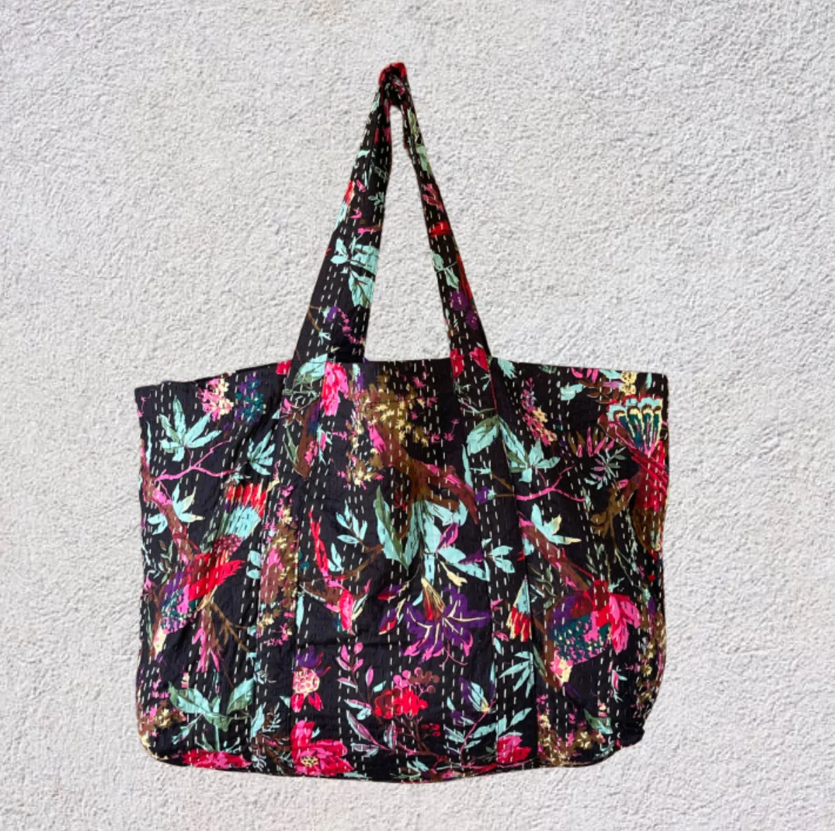 Handmade Boho Cotton Black Floral Kantha Quilted Bags Tote Beach Bag