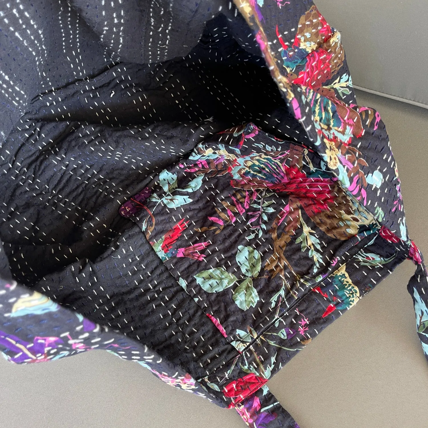 Handmade Boho Cotton Black Floral Kantha Quilted Bags Tote Beach Bag