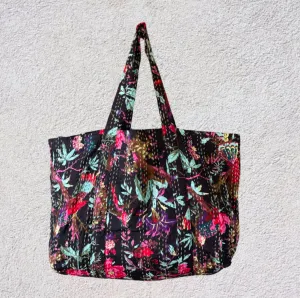 Handmade Boho Cotton Black Floral Kantha Quilted Bags Tote Beach Bag