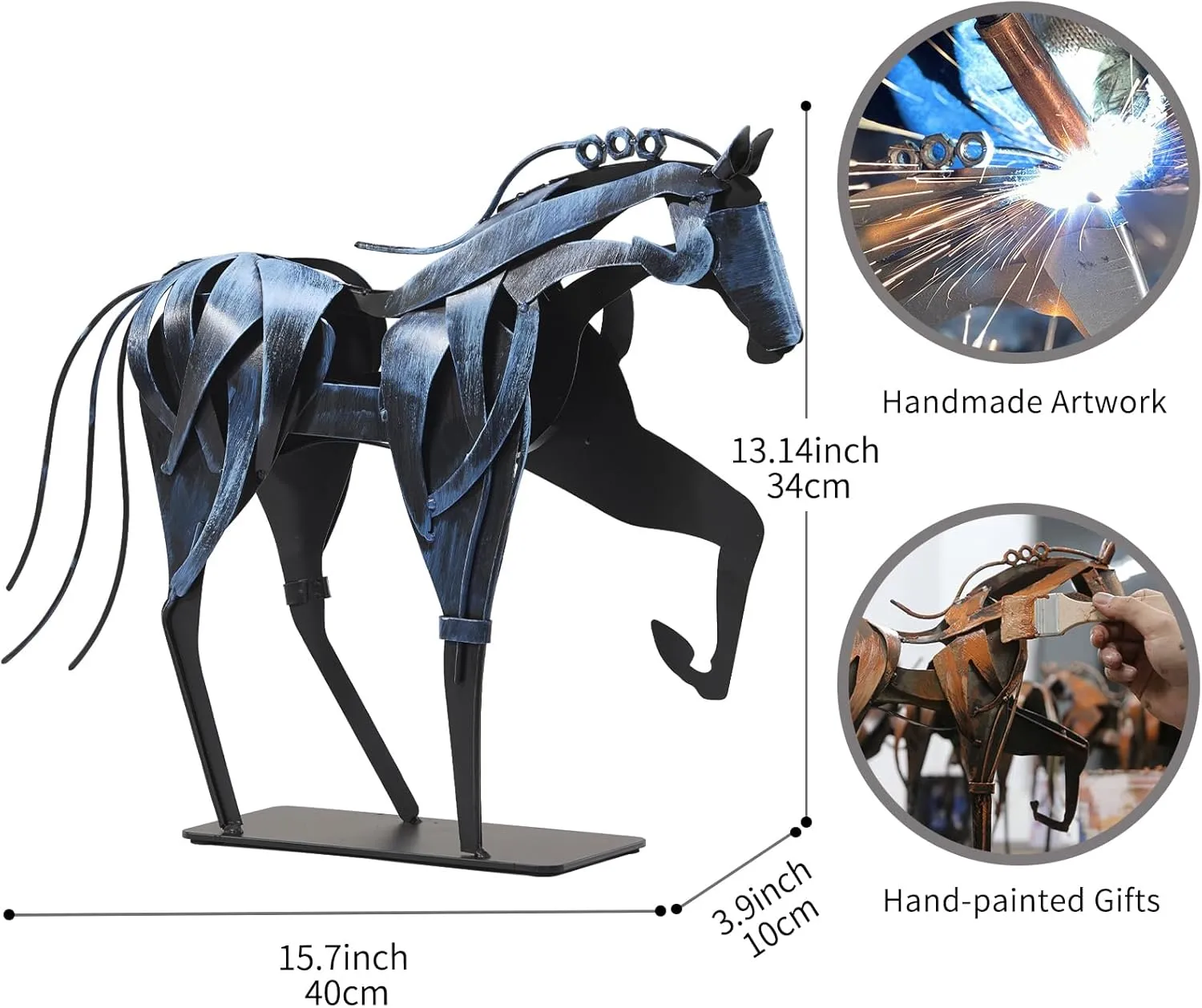 Handmade Horse Statue - Unique Rustic Decor for Office & Home - Hand-Painted Metal Sculpture - Perfect Handicraft Gift for Horse Lovers (Blue)