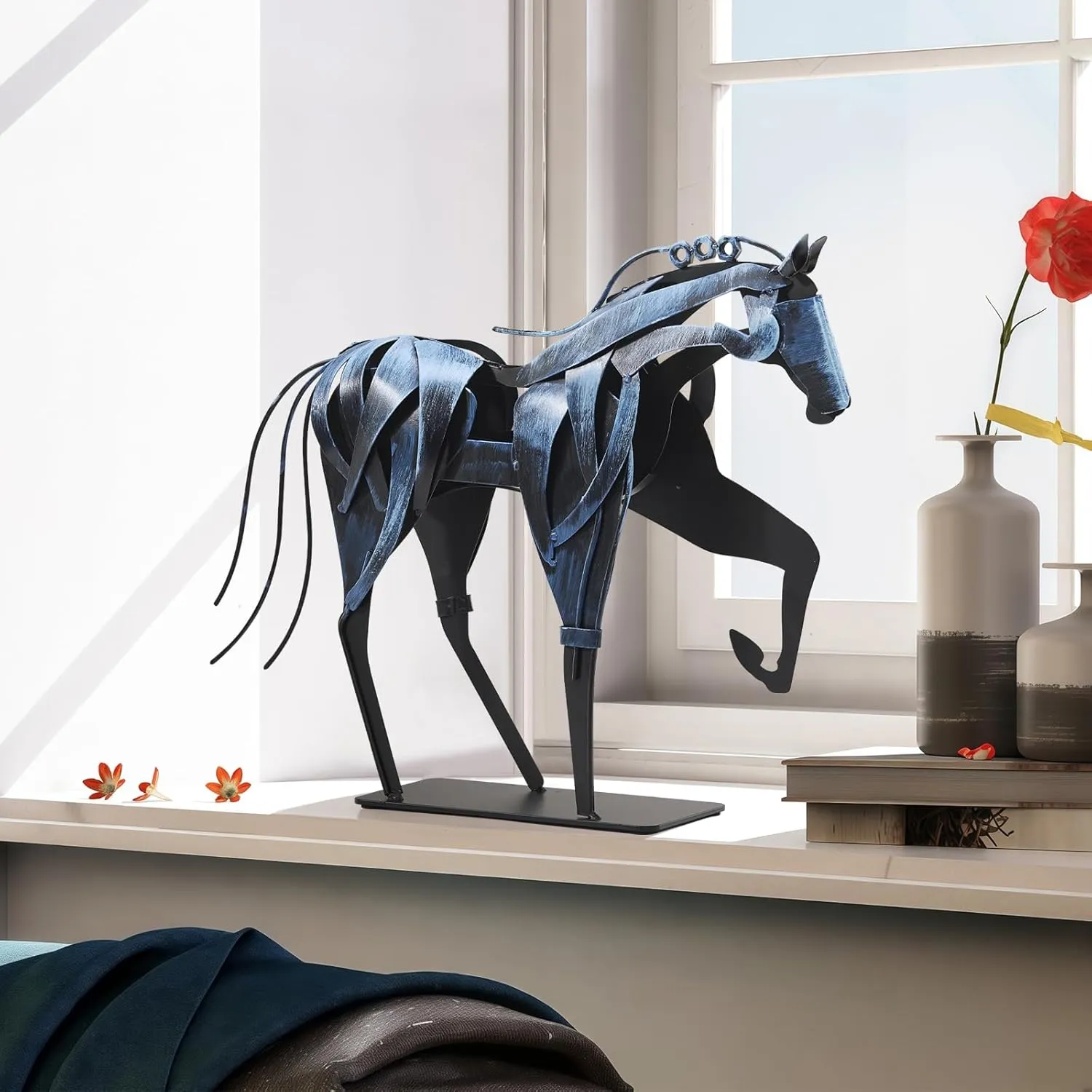 Handmade Horse Statue - Unique Rustic Decor for Office & Home - Hand-Painted Metal Sculpture - Perfect Handicraft Gift for Horse Lovers (Blue)
