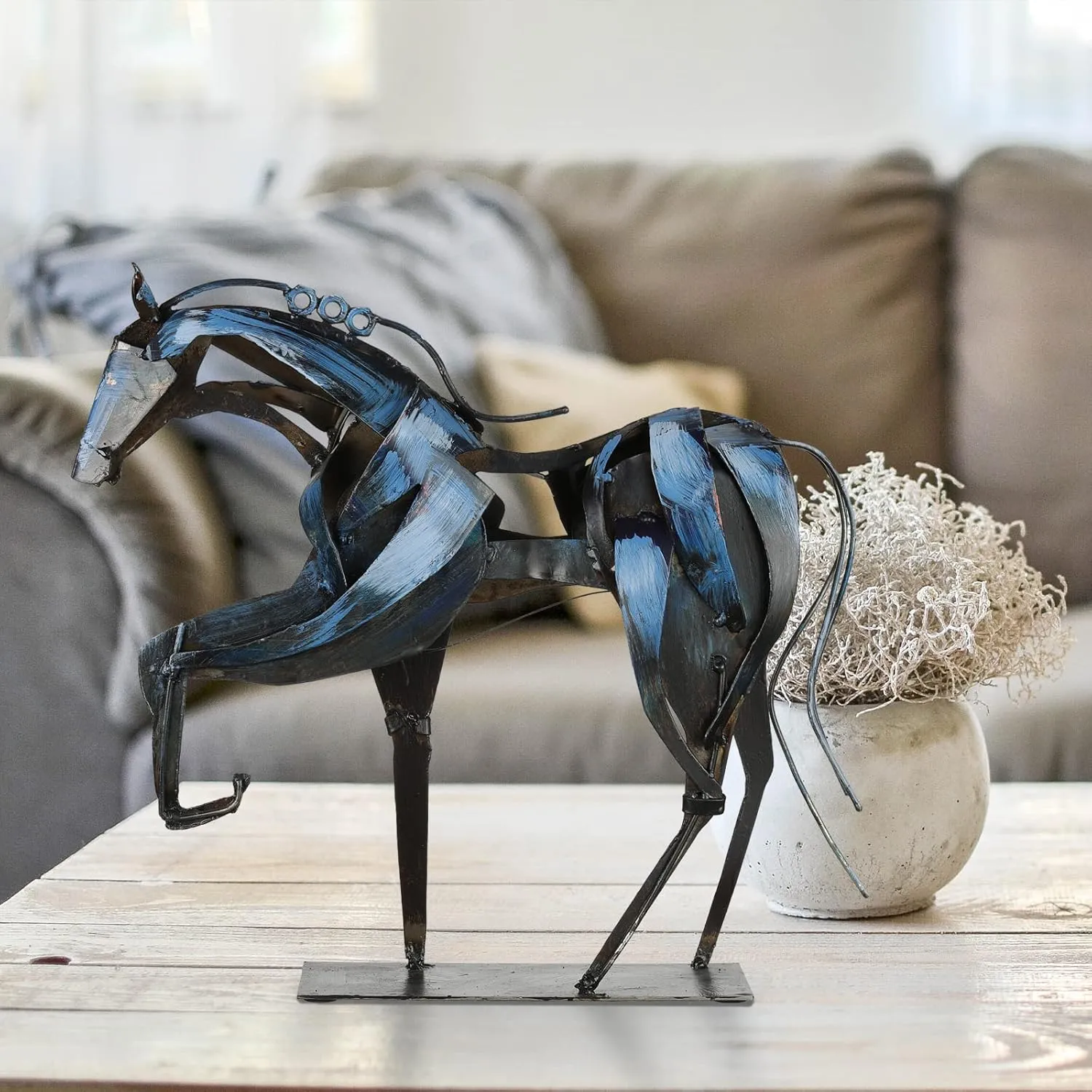 Handmade Horse Statue - Unique Rustic Decor for Office & Home - Hand-Painted Metal Sculpture - Perfect Handicraft Gift for Horse Lovers (Blue)